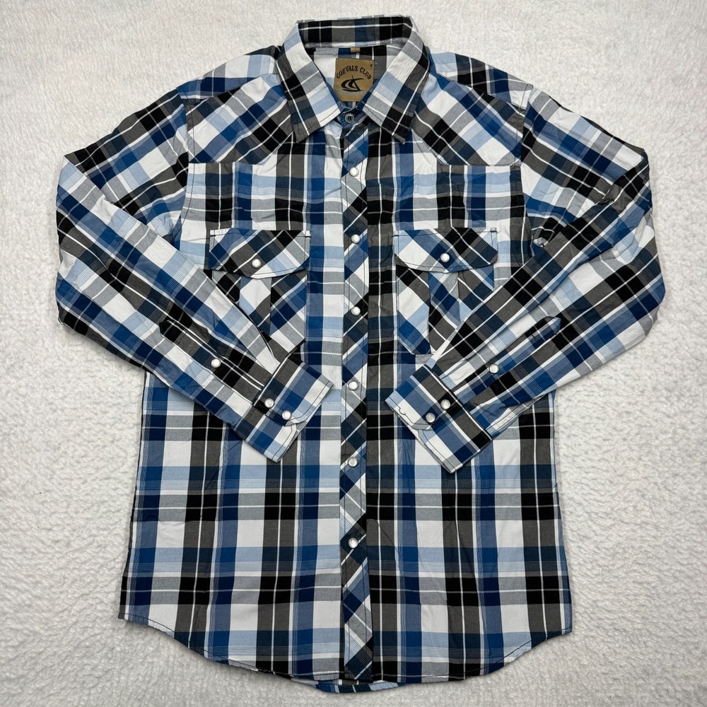Coevals Club Western Shirt Blue Plaid‎ Long Sleeve Pearl Snap Men's Size Small